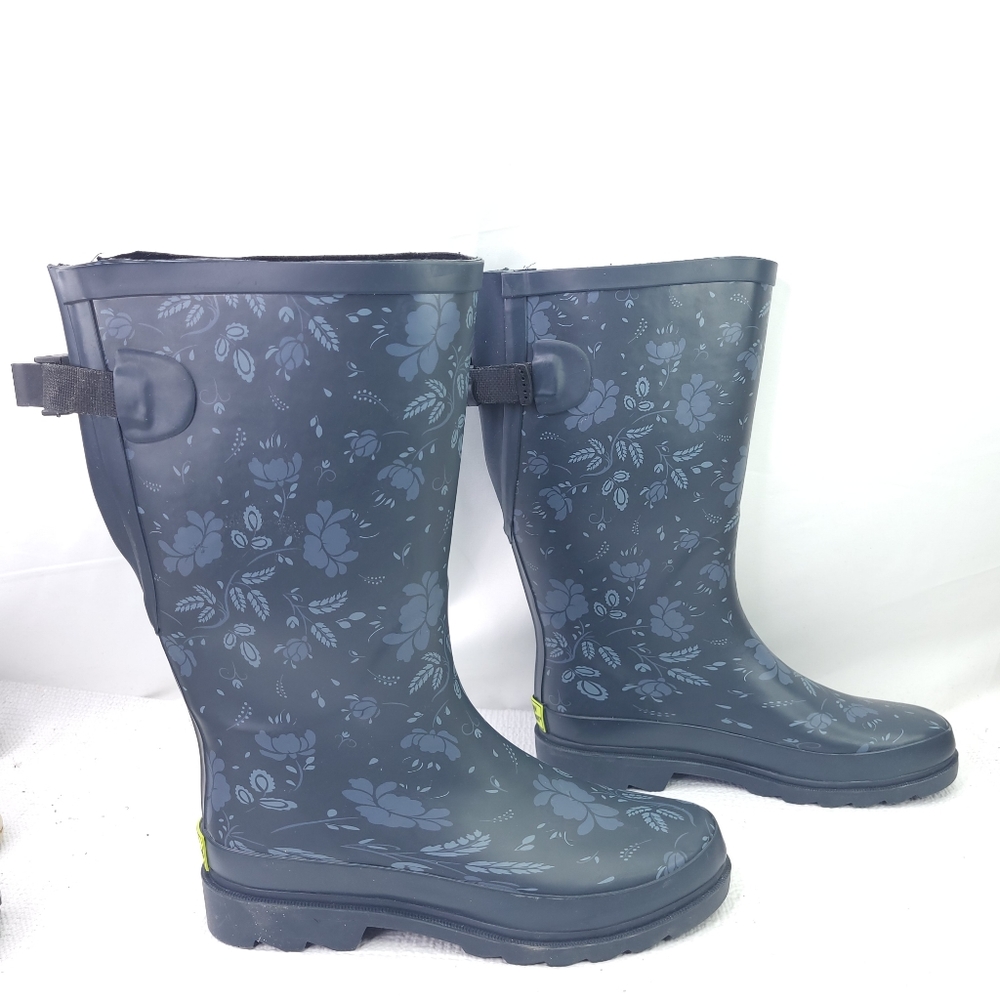 Western Chief Vari Fit Floral Slate Rubber Boots Pull On Garden Rain Shoes Sz 7